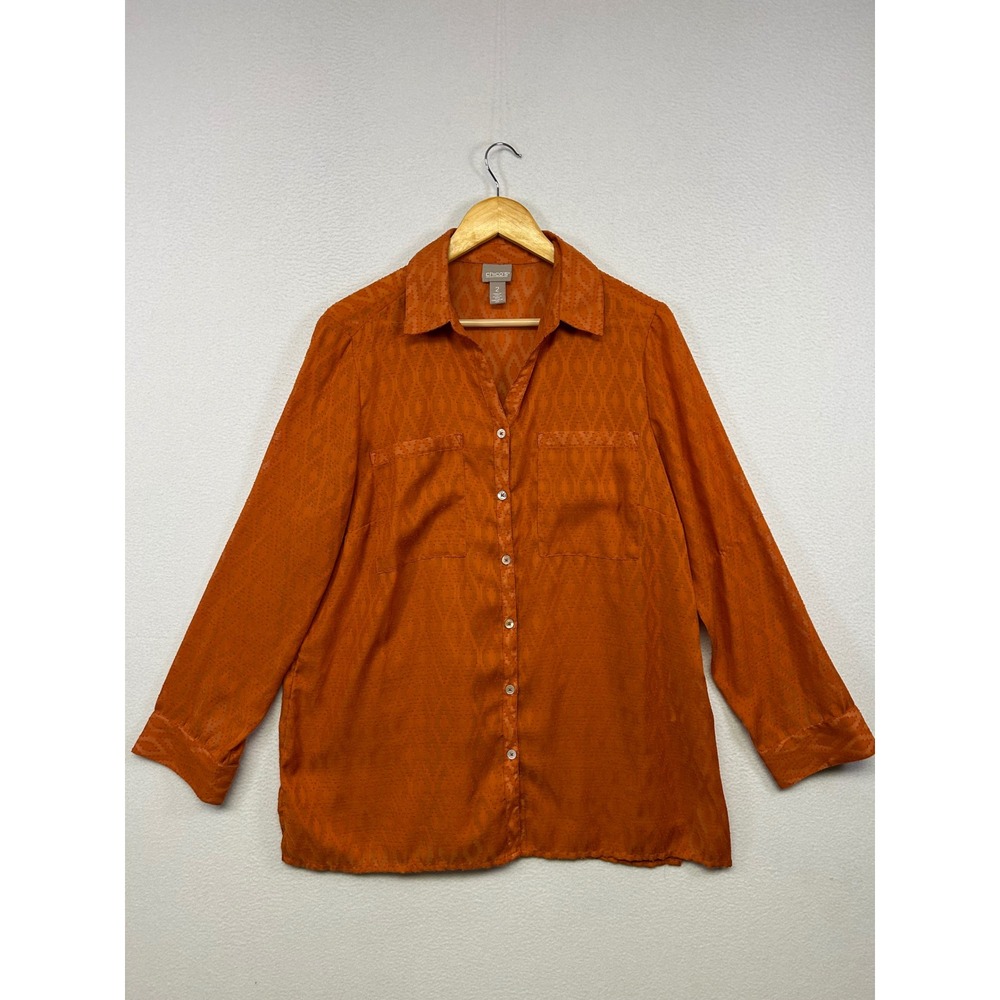Boho Career Chico's Women Size 2 Large Orange Sheer Jacquard Button Front Shirt